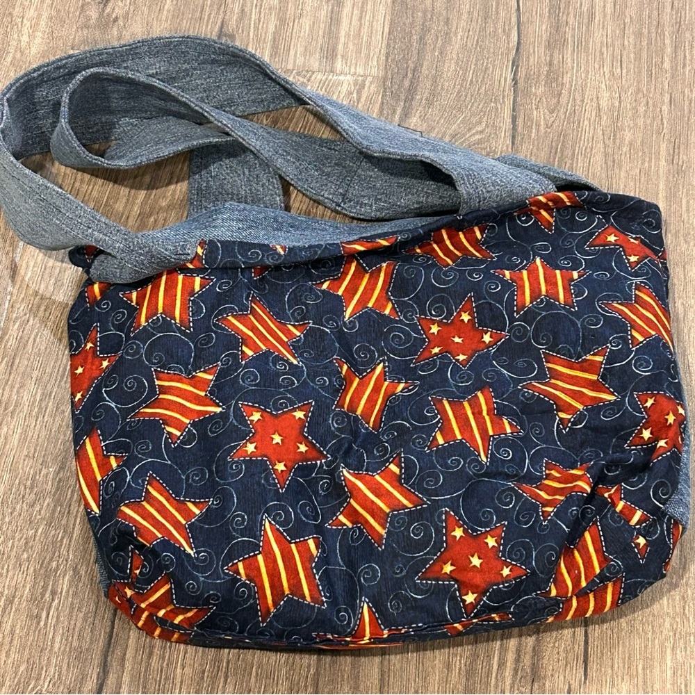 Handmade Denim Purse Bag Tote Stars Chevron Rustic Boho Patchwork Unique - Picture 5 of 6